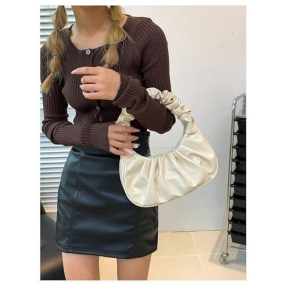 Modern Women'S Pleated Handbags Ruched Top Handle Satchel Bag Denim Clutch Bag - Picture 3 of 7